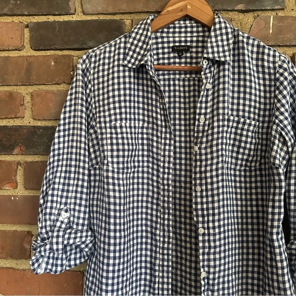 Talbots Gingham Linen Button Down Check Shirt size medium -41 Chest -25” long - Picture 2 of 4